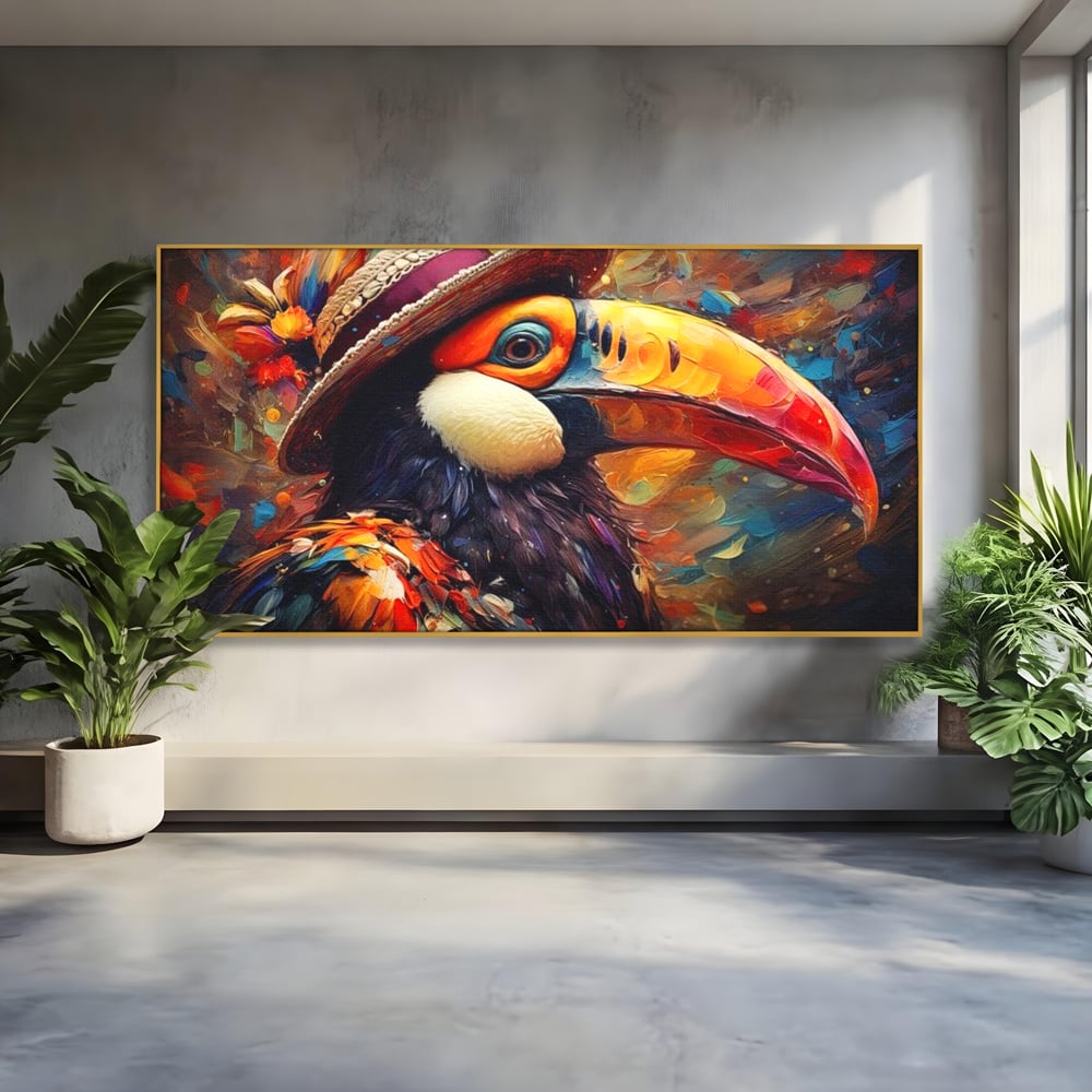 Tablou canvas cu tablou cu portret de tucan cu palarie, in rama de aluminiu auriu